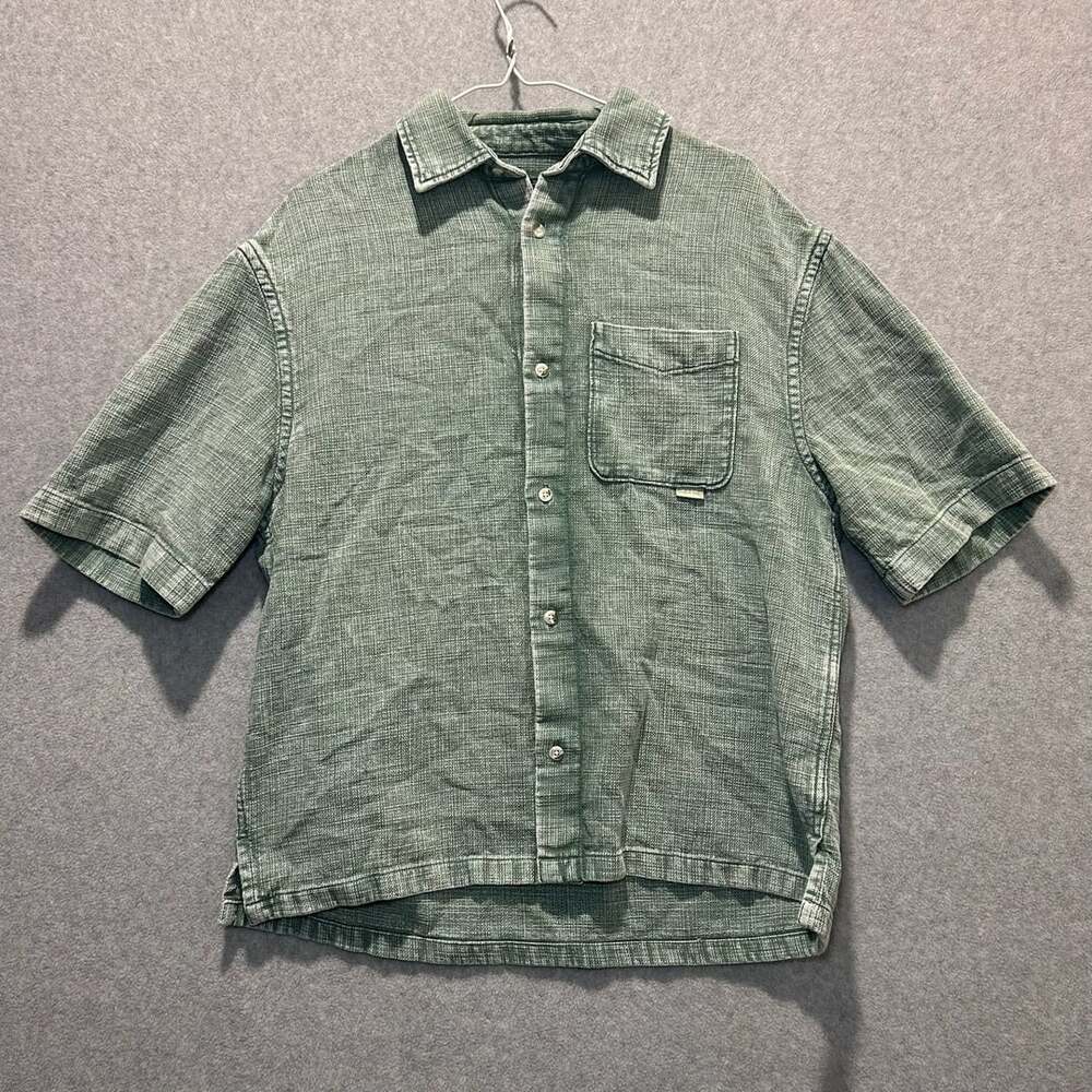 Zara Men’s Textured Green Wash Beachy Grid Pattern Button Up, Size S